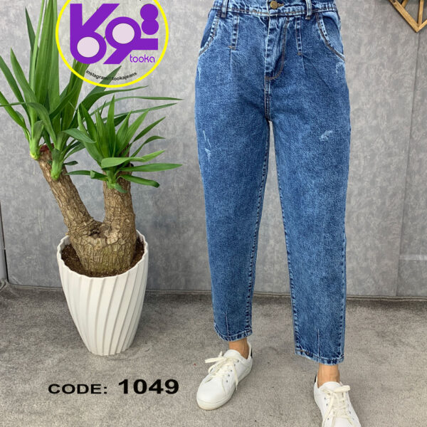 شلوارمام فیت پشت کمرکش آبی قد90